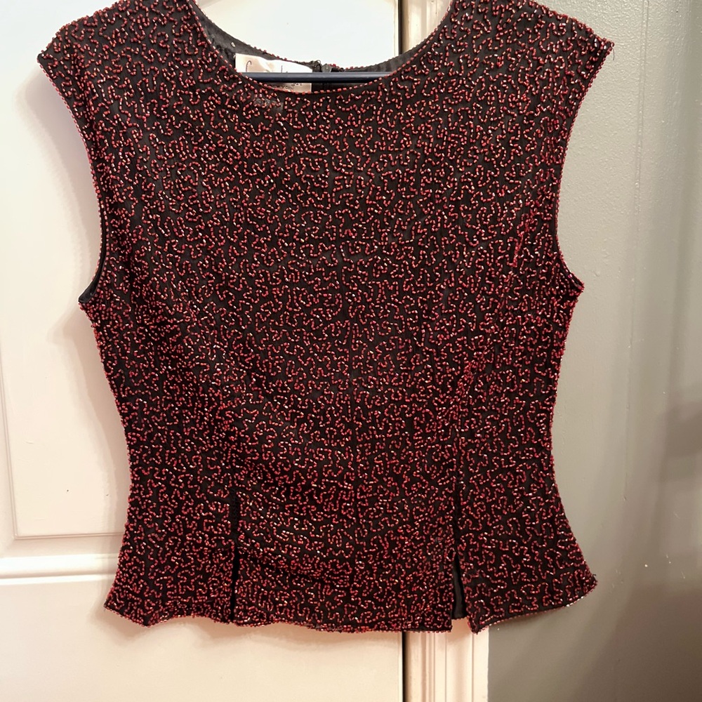 Vintage  100% silk Laurence Kazar Elegant Black and Red Beaded Top